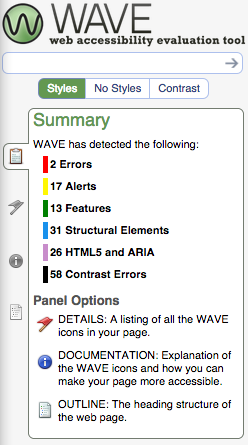 Screenshot of WAVE web accessibility test results