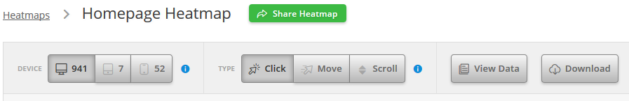 Shows Hotjar menu buttons for toggling between different device types or click/move/scroll input for your heatmaps
