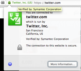 Fig. 1: Clicking the lock icon next to a site with TLS/SSL enabled will bring up a window that looks like one above. You can see here that Twitter is running on HTTPS, signed by the certificate authority Symantec.